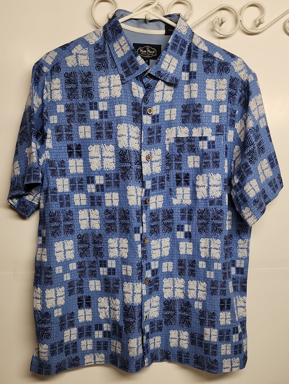 Nat Nast Luxury Originals Silk Blue Short-Sleeve Shirt White Geometric Print